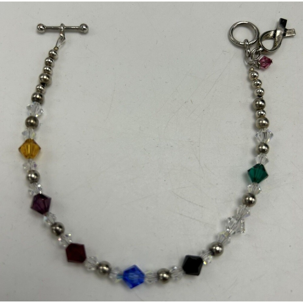 Silver Bracelet Breast Cancer Hope Art Glass Beads Toggle Clasp 7.5" Not Marked